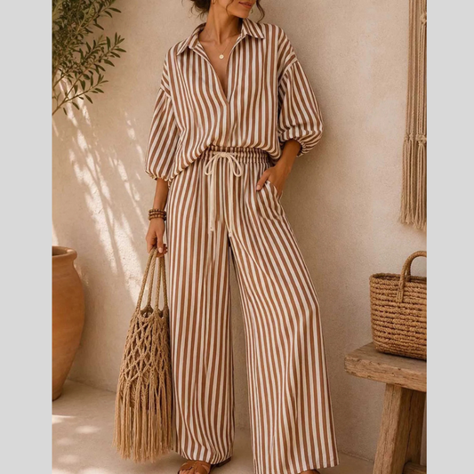 Full Size Striped Puff Sleeve Shirt and Wide-Leg Drawstring Pants Set Plus Size