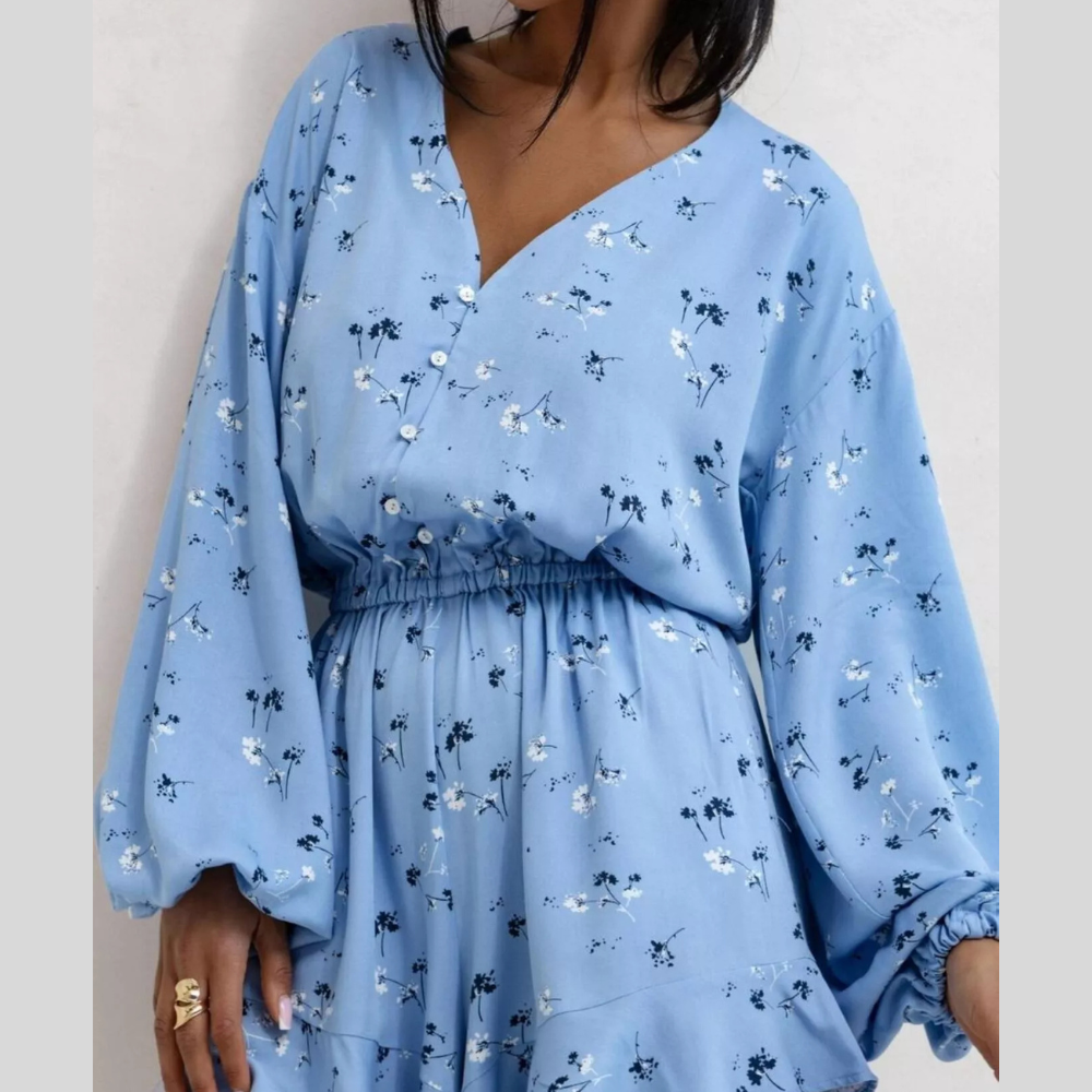 Floral V-Neck Long Sleeve Romper with Elastic Waist