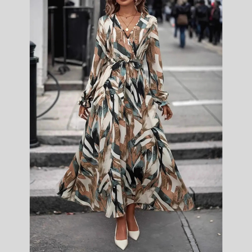 Printed Surplice Flounce Sleeve Maxi Dress
