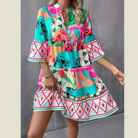 Printed Notched 3/4 Sleeve Tiered Dress