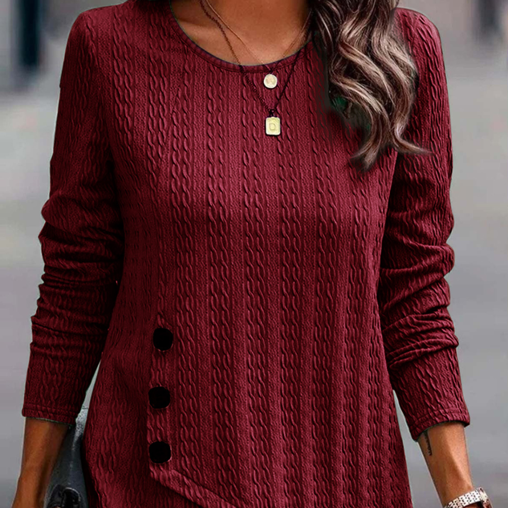 Decorative Button Round Neck Long Sleeve Top