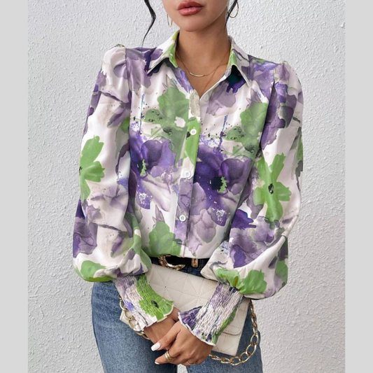 Printed Button Up Lantern Sleeve Shirt