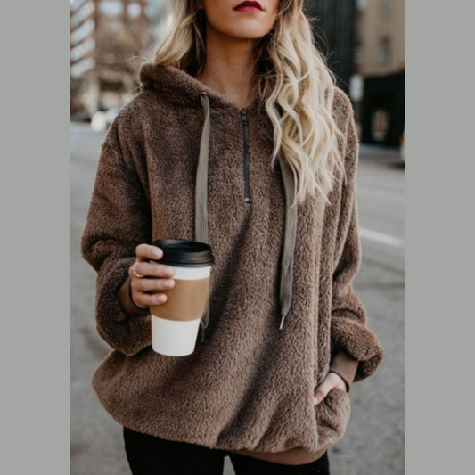 Full Size Quarter-Zip Drawstring Teddy Hoodie