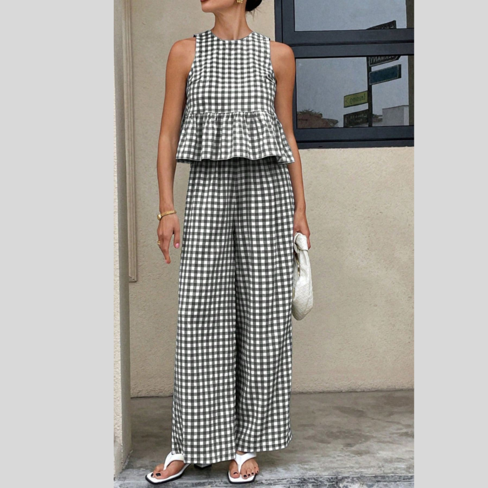 Gingham Sleeveless Top and Wide-Leg Pants Set