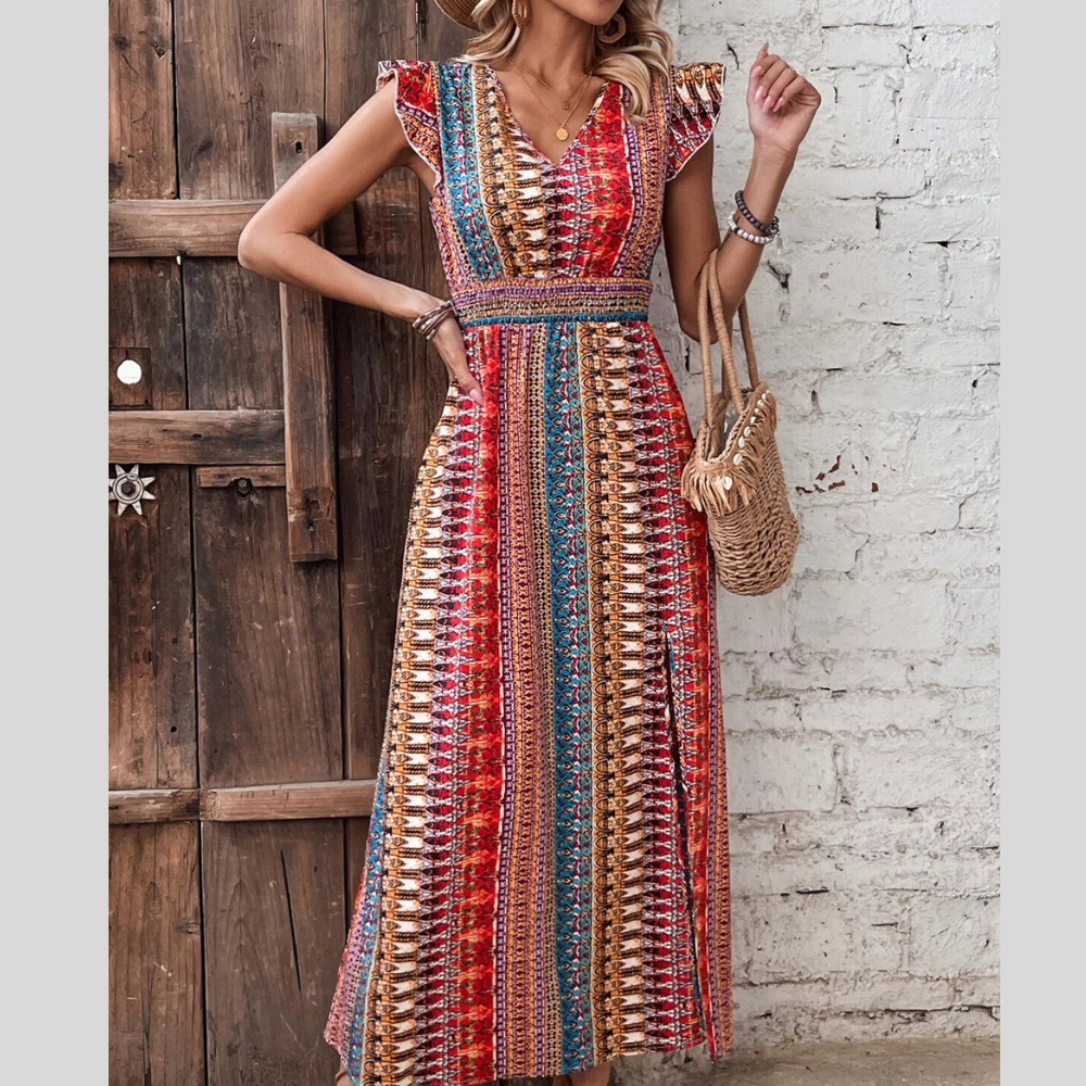 Boho Print Ruffle Sleeve Slit Dress