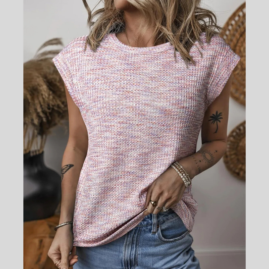 Round Neck Knit Cap Sleeve Top
