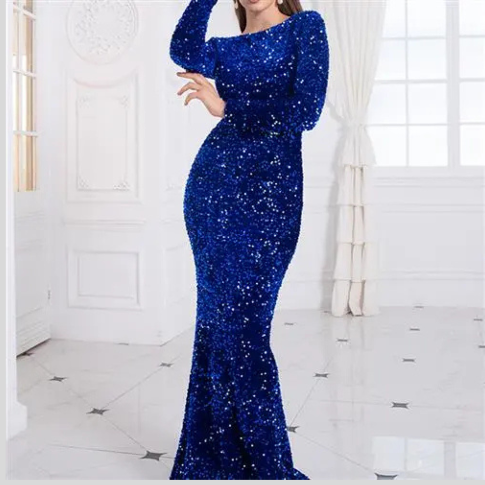 Women Modest Stretch Sequin Royal Blue Evening Prom Gown Party