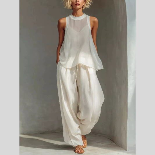 Full Size Sheer Sleeveless Top and Wide-Leg Pants Set Plus Size