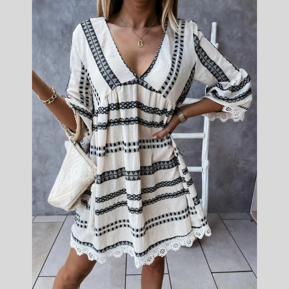 V-Neck Lace Trim Striped Babydoll Dress