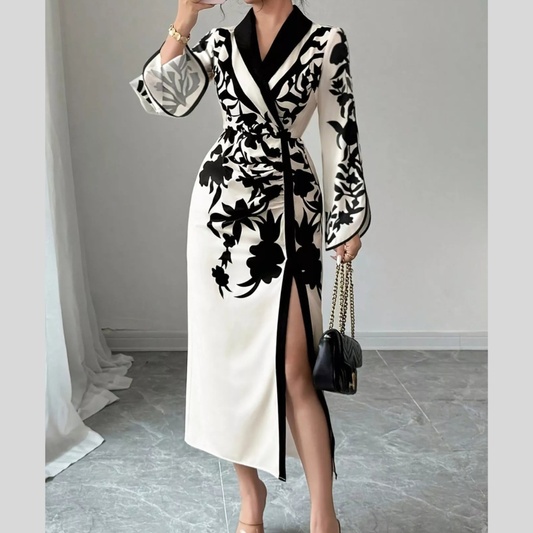 Slit Long Sleeve Wrap Midi Dress