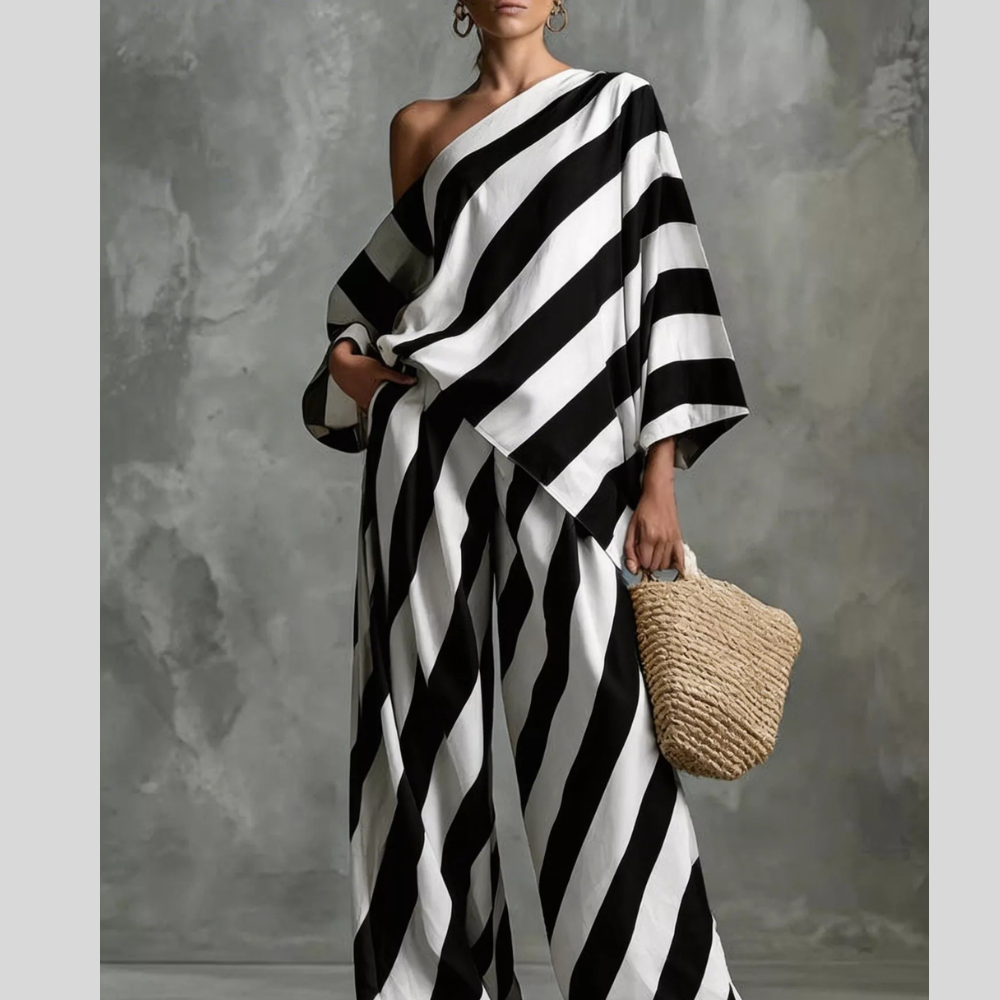 Full Size One-Shoulder Striped Top and Wide-Leg Pants Set Plus Size