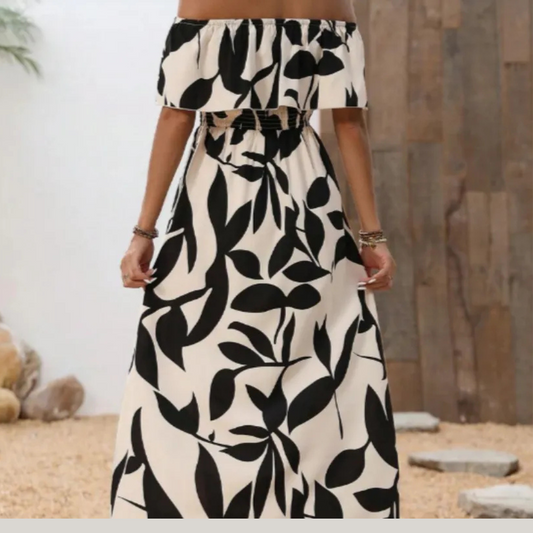 Summer Botanical Print Off-the-shoulder Split Dress