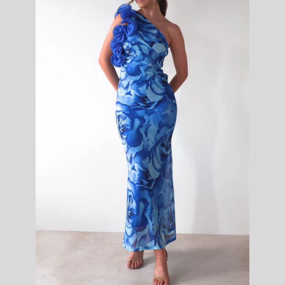 Floral Print One-Shoulder Maxi Dress