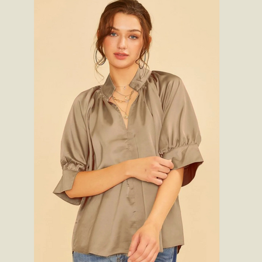 Annie Wear Satin V Neck Open Short Sleeve Woven Blouse Top
