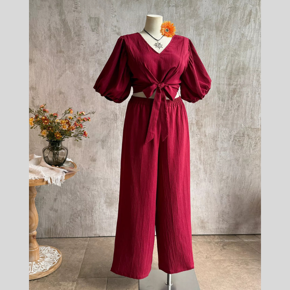 Plus Size Tie-Front Puff Sleeve Top and Wide-Leg Pants Set