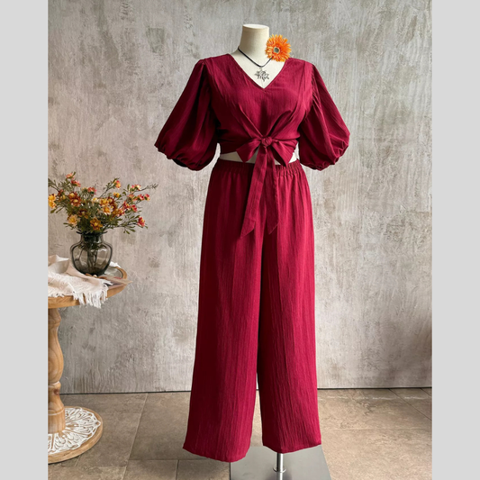 Plus Size Tie-Front Puff Sleeve Top and Wide-Leg Pants Set