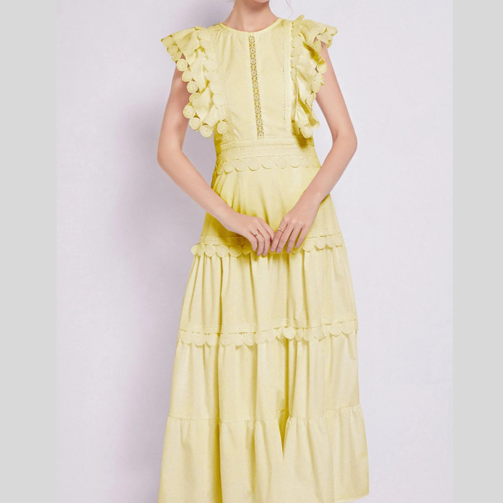 Sleeveless Ruffled Tiered Dress with Embroidered Trim