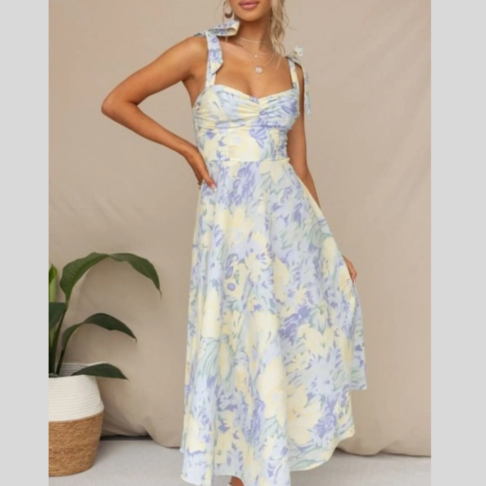 Floral Tie-Strap Sweetheart Neck Midi Dress