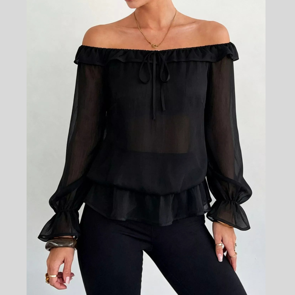 Off-Shoulder Flounce Sleeve Chiffon Blouse