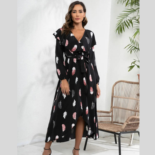 Printed Tie Front Ruffle Trim Long Sleeve Dress