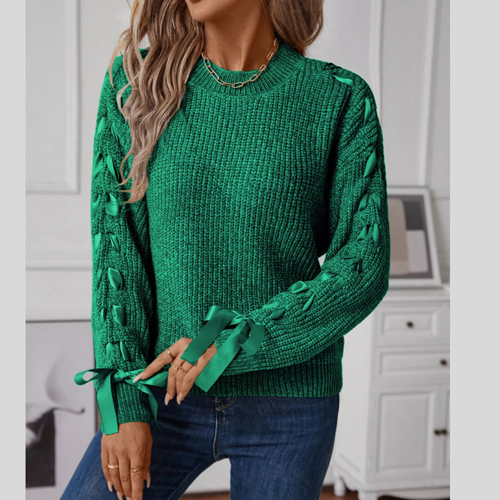 Ribbon-Tie Sleeve Round Neck Sweater