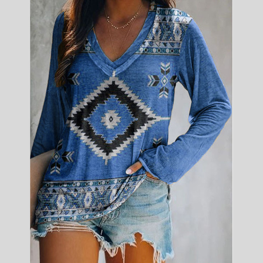 Full Size Geometric V-Neck Long Sleeve T-Shirt Plus Size
