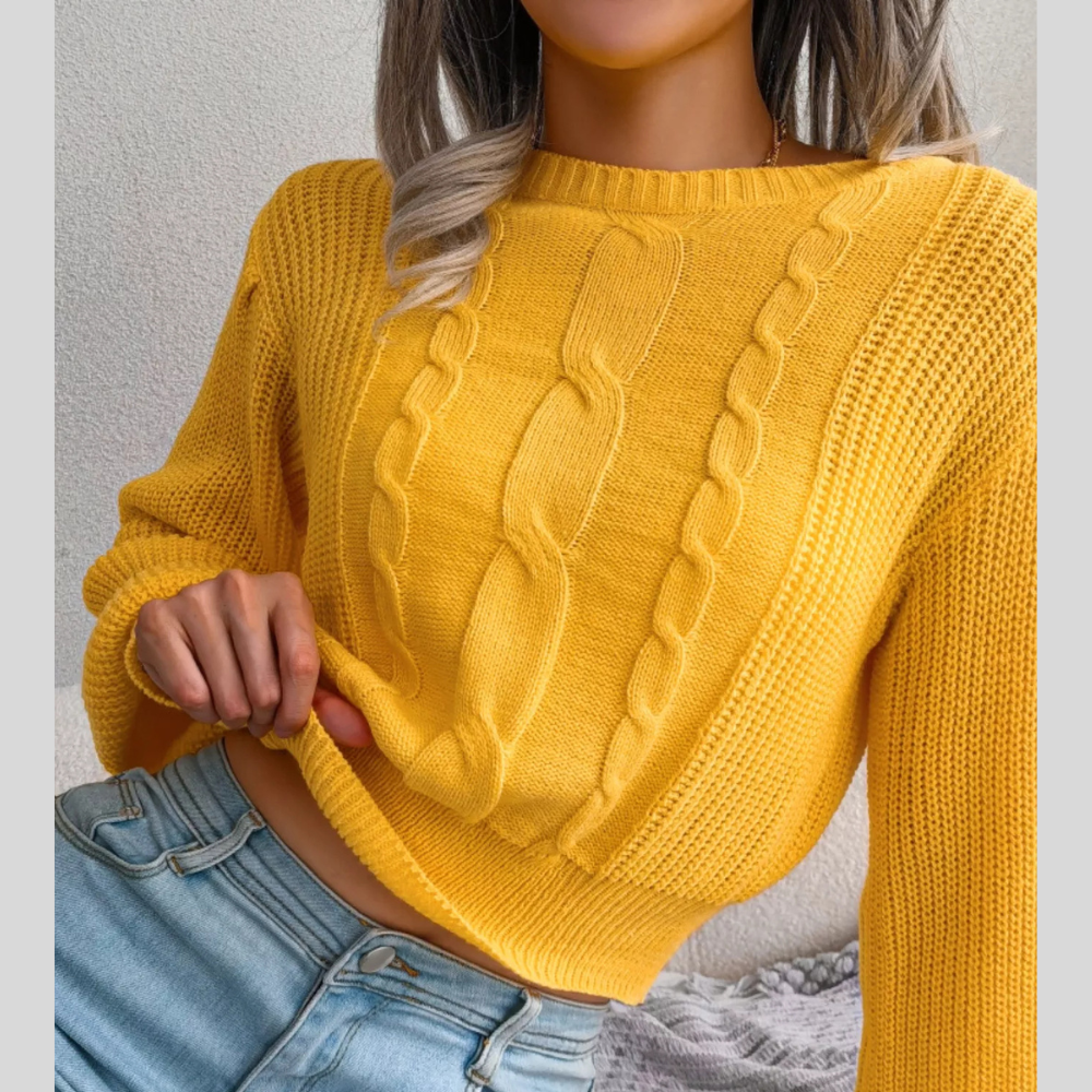 Cable Knit Round Neck Cropped Sweater