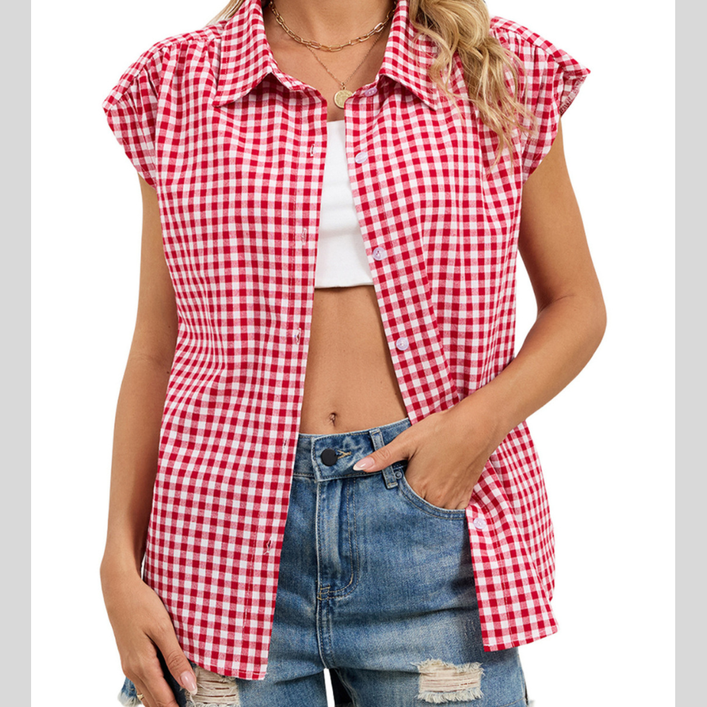 Plaid Button Up Cap Sleeve Shirt