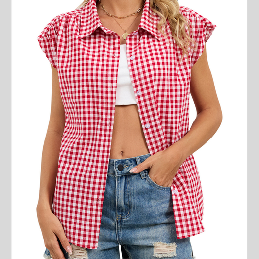 Plaid Button Up Cap Sleeve Shirt