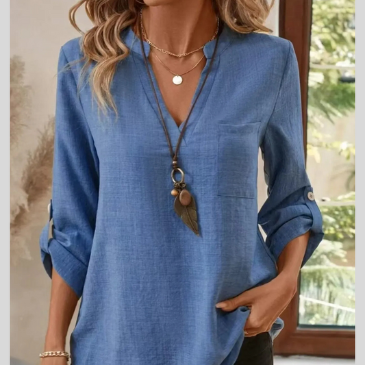 Casual Notched Roll-Up Sleeve Pocket Blouse