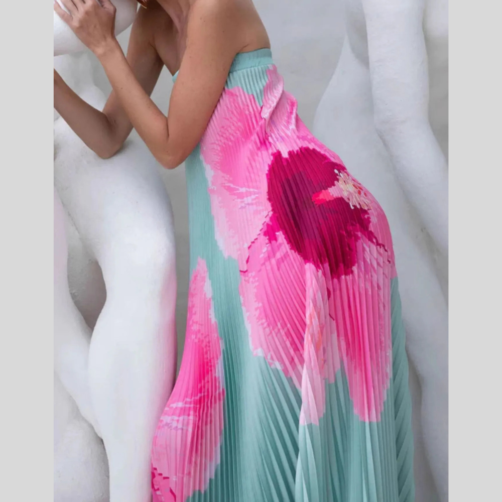 Pleated Printed Tube Floor Length Dress