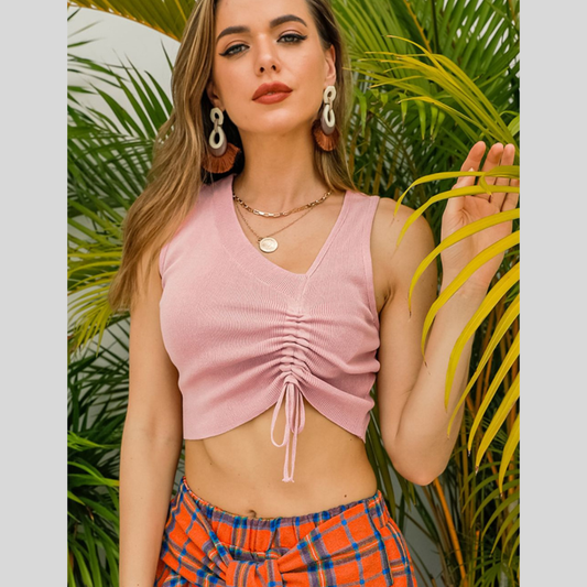 Drawstring Ruched Asymmetrical Neck Cropped Knit Top