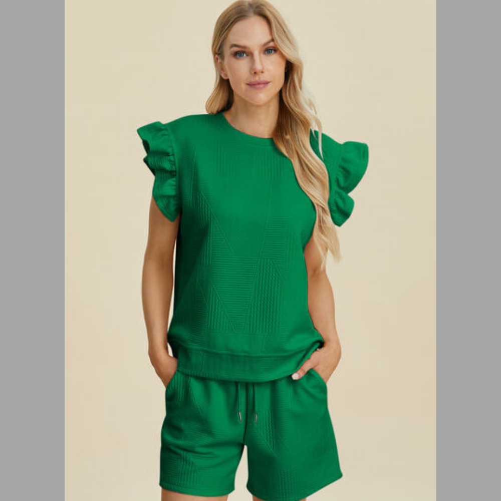 Double Take Full Size Texture Round Neck Ruffle Sleeve Top and Shorts Set