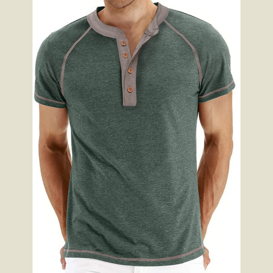 Men's Casual Henley Polo T-Shirt with Contrast Stitching