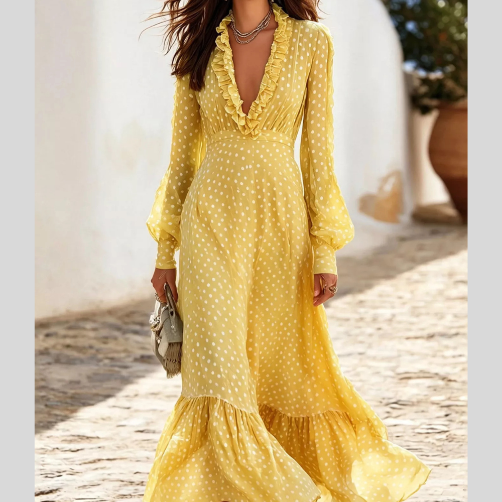 Full Size Polka Dot Ruffle V-Neck Maxi Dress Plus Size