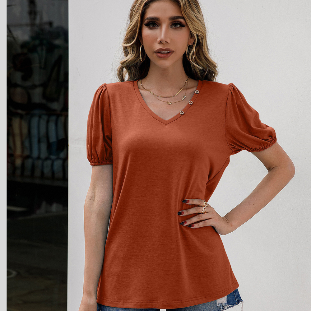 Ivy Lane V-Neck Decorative Buttons Puff Sleeve Tee