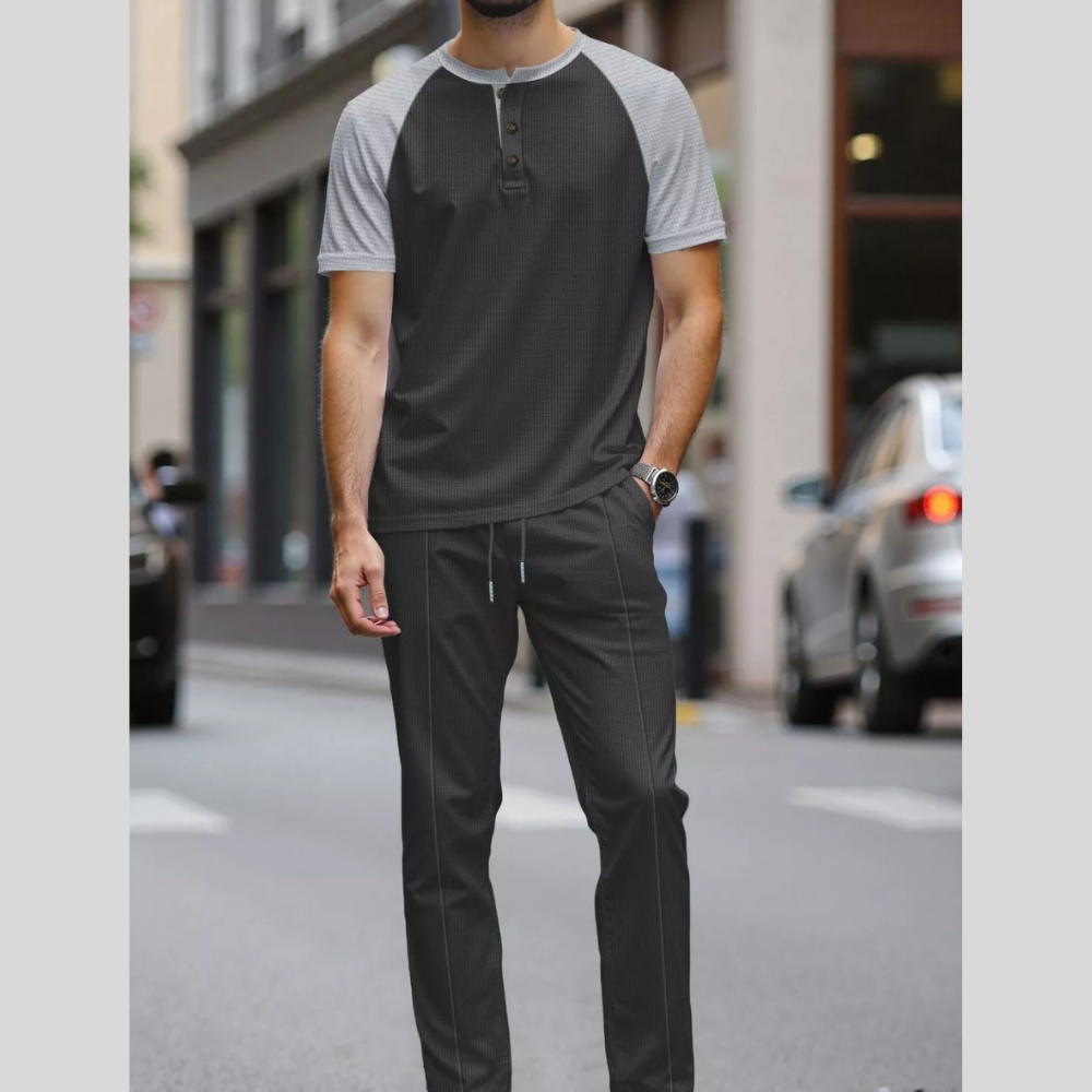Men's Full Size Casual Two-Tone Raglan Sleeve Tee and Pants Set Plus Size