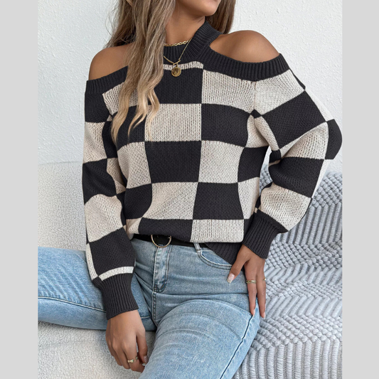 Cold Shoulder Checkered Long Sleeve Sweater