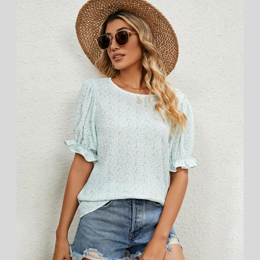 Printed Puff Sleeve Casual Blouse