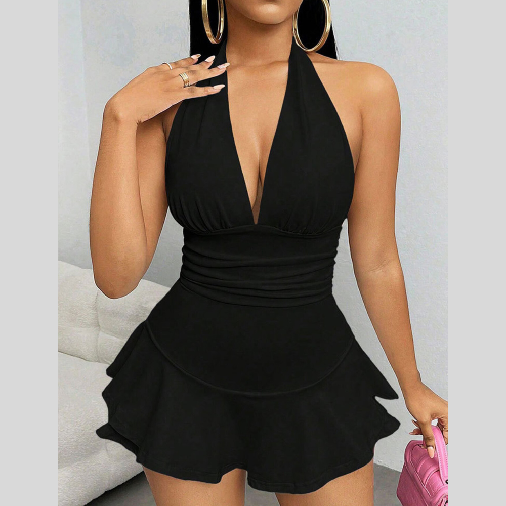 Halter Neck Ruffle Hem Mini Dress
