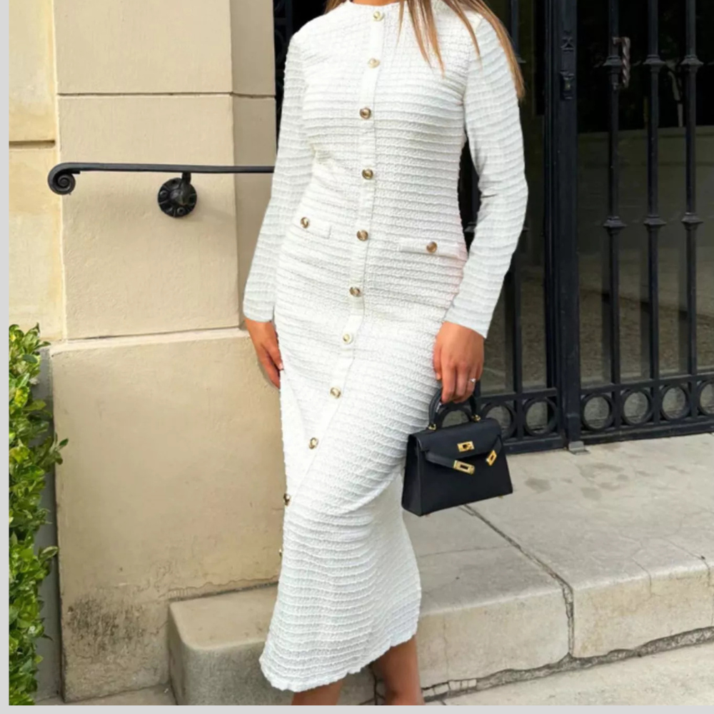 Textured Decor Button Midi Dress