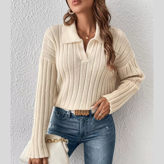 Ribbed Knit Polo Collar Sweater