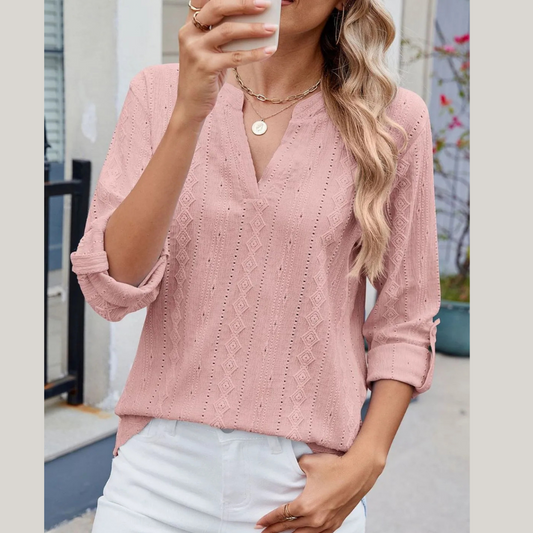 Eyelet Notched Roll-Tab Sleeve Top