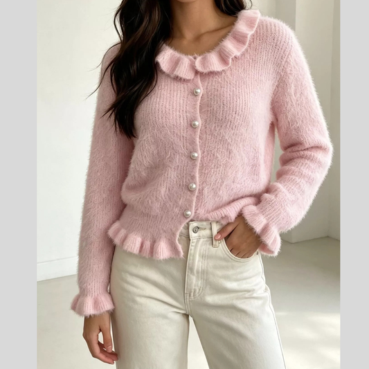 Soft Fuzzy Cardigan with Ruffled Collar and Pearl Buttons