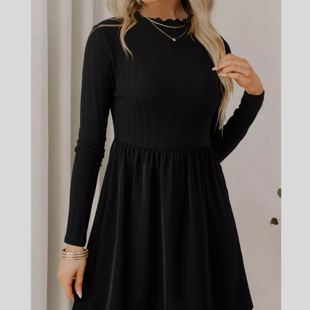 Frilled Neck Ribbed Knit Patchwork Long Sleeve Mini Dress