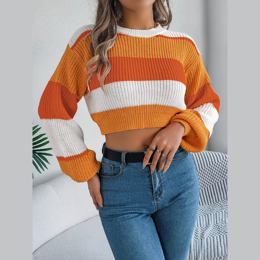 Color Block Round Neck Cropped Sweater