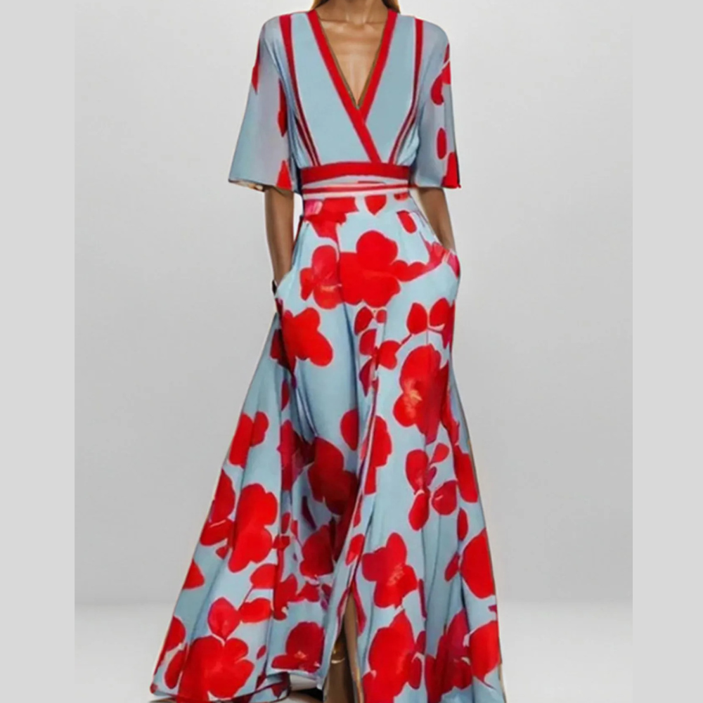 Floral Print Half Sleeve Wrap Maxi Dress