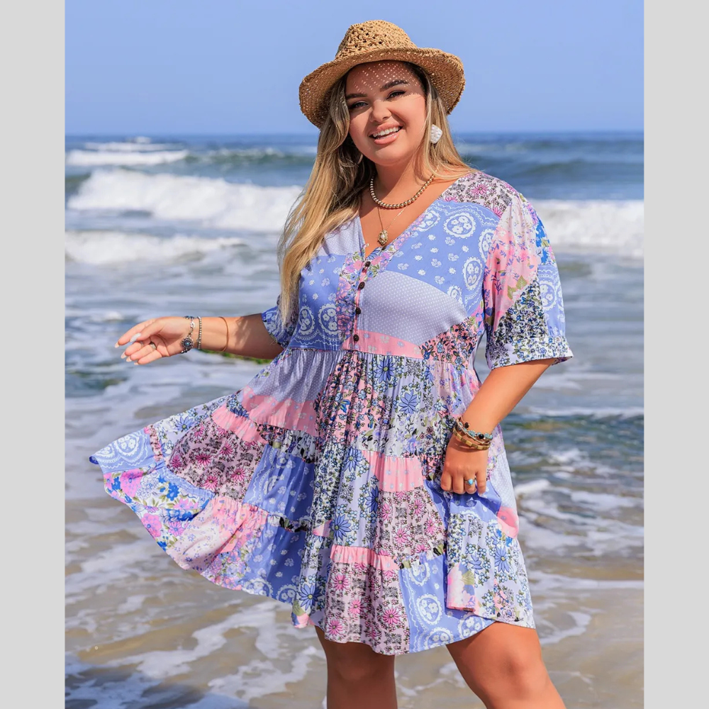 Plus Size Printed V-Neck Tiered Mini Dress