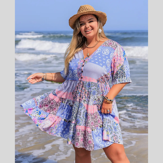 Plus Size Printed V-Neck Tiered Mini Dress