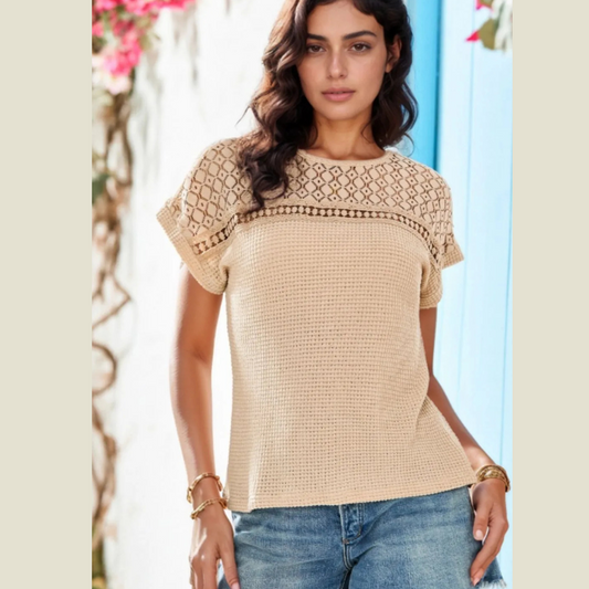 Lace Patchwork Waffle Short Sleeve Knit Top